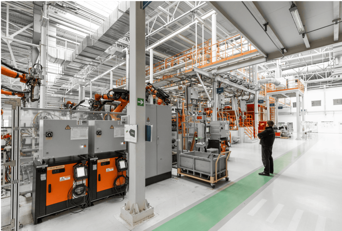 Wide shot of man looking at empty factory building